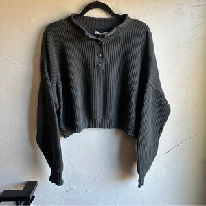 Charcoal Cropped Henley Sweater Rolled Collar Cozy Minimalist Fisherman Knit L